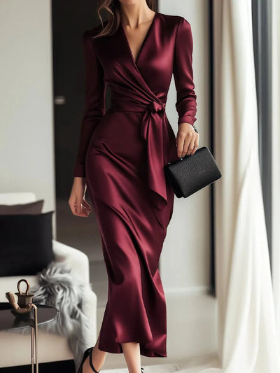 Charlotte | Women's Wrap V-Neck Tie-Waist Midi Dress