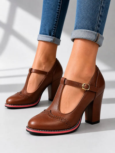 Dominique | Women's Faux Leather Brogue T-Bar Shoes