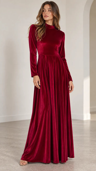 Emily | Women's Velvet Long-Sleeve A-Line Midi Dress