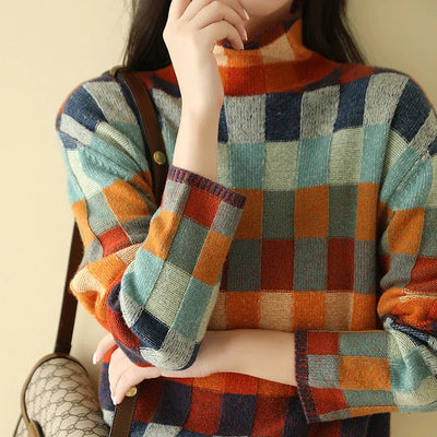 Sibyl | Women's Check-Pattern Stand-Collar Sweater