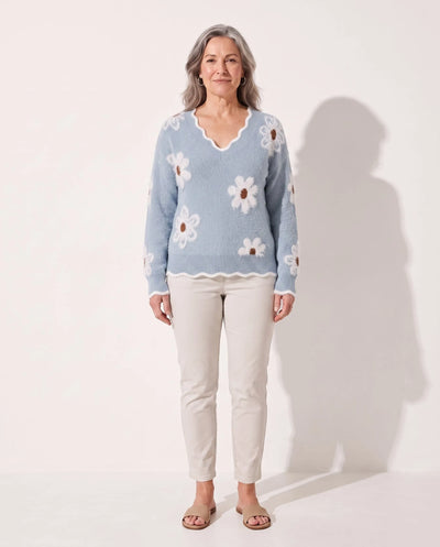 Anne | Women's V-Neck Textured Floral-Knit Sweater
