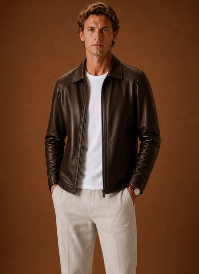 Classic Faux-Leather Full-Zip Front Jacket for Men