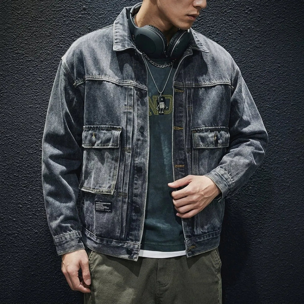 Boxy Loose-Fit Washed Denim Bomber Jacket for Men