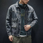 Boxy Loose-Fit Washed Denim Bomber Jacket for Men