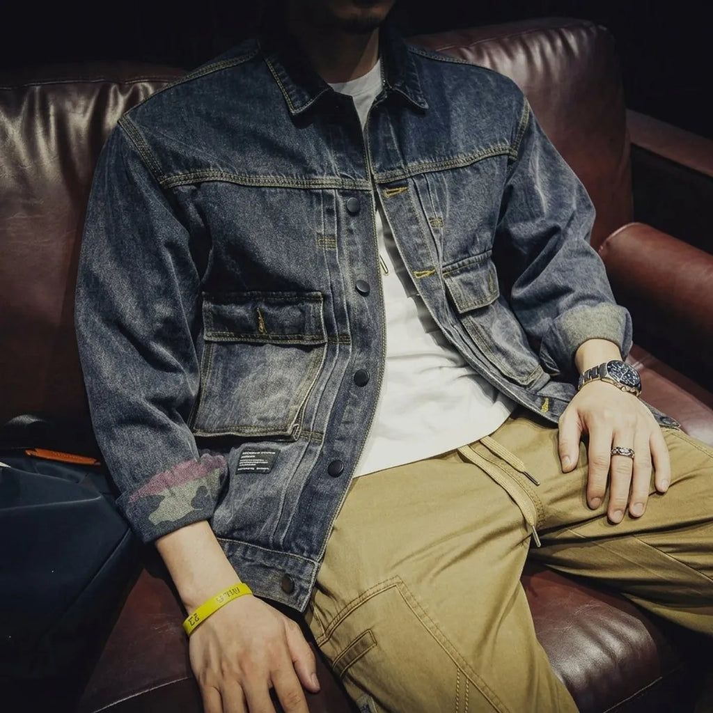Boxy Loose-Fit Washed Denim Bomber Jacket for Men