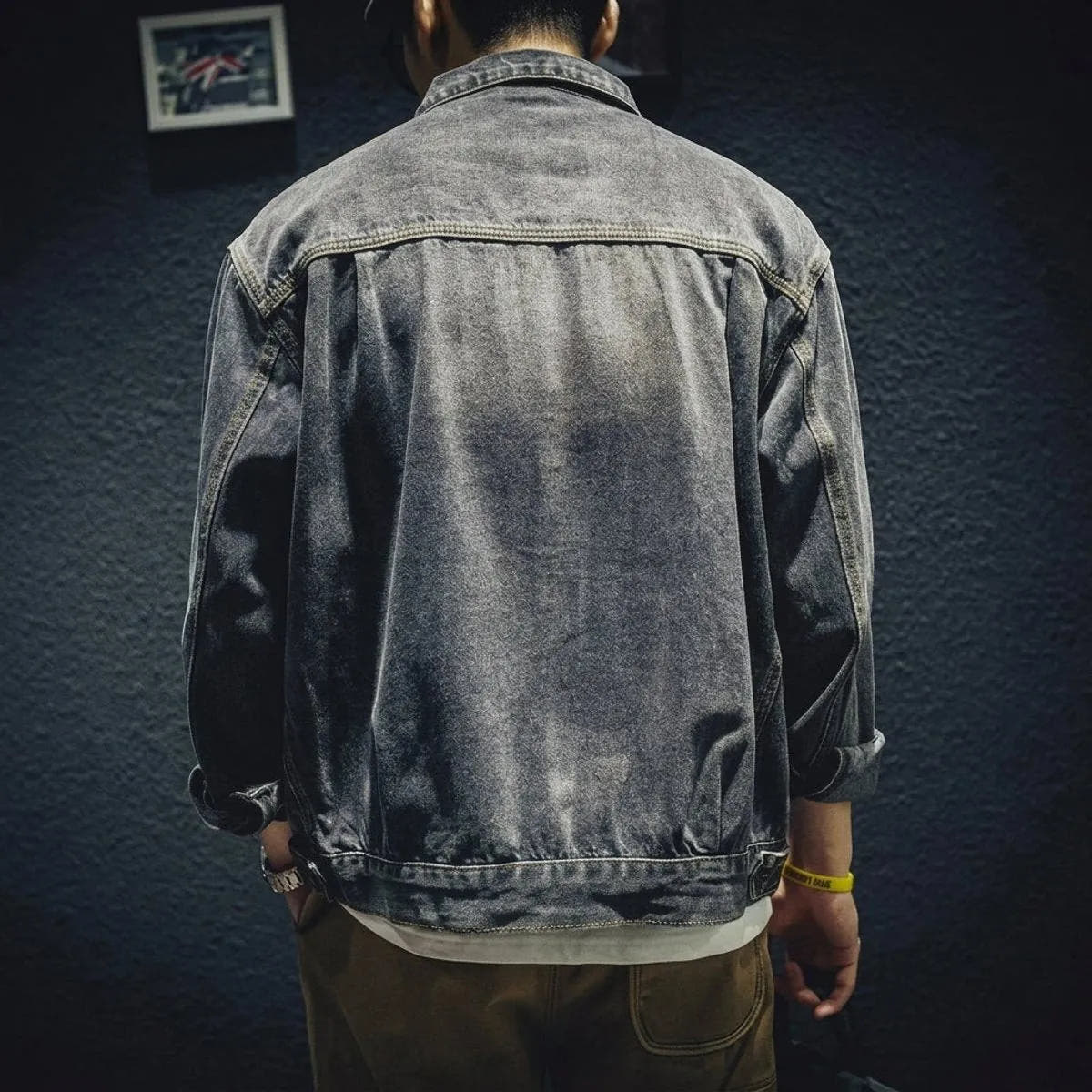 Boxy Loose-Fit Washed Denim Bomber Jacket for Men