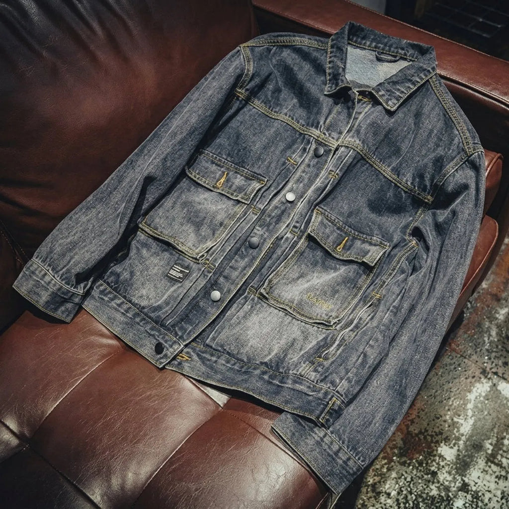Boxy Loose-Fit Washed Denim Bomber Jacket for Men