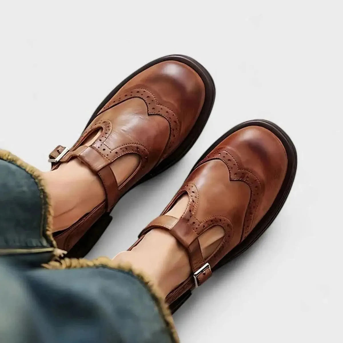 Briar | Women's Leather Brogue T-Bar Buckle Flats