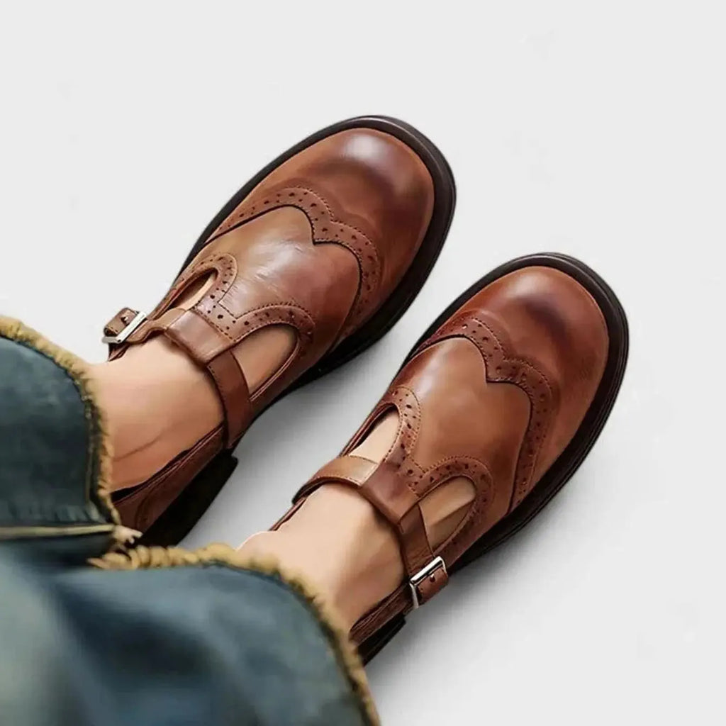 Briar | Women's Leather Brogue T-Bar Buckle Flats