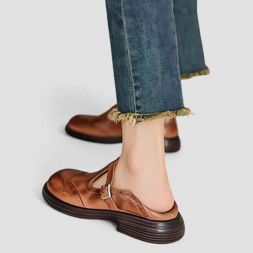 Briar | Women's Leather Brogue T-Bar Buckle Flats
