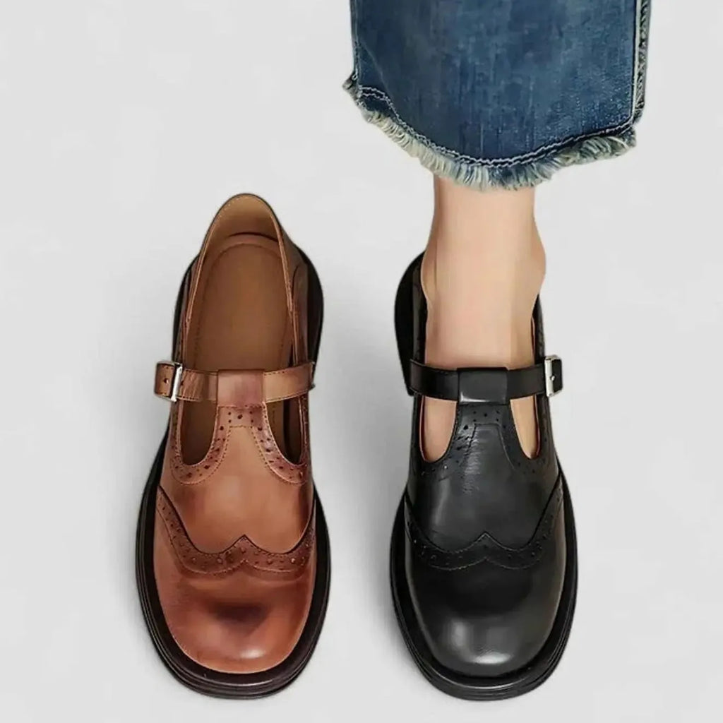 Briar | Women's Leather Brogue T-Bar Buckle Flats