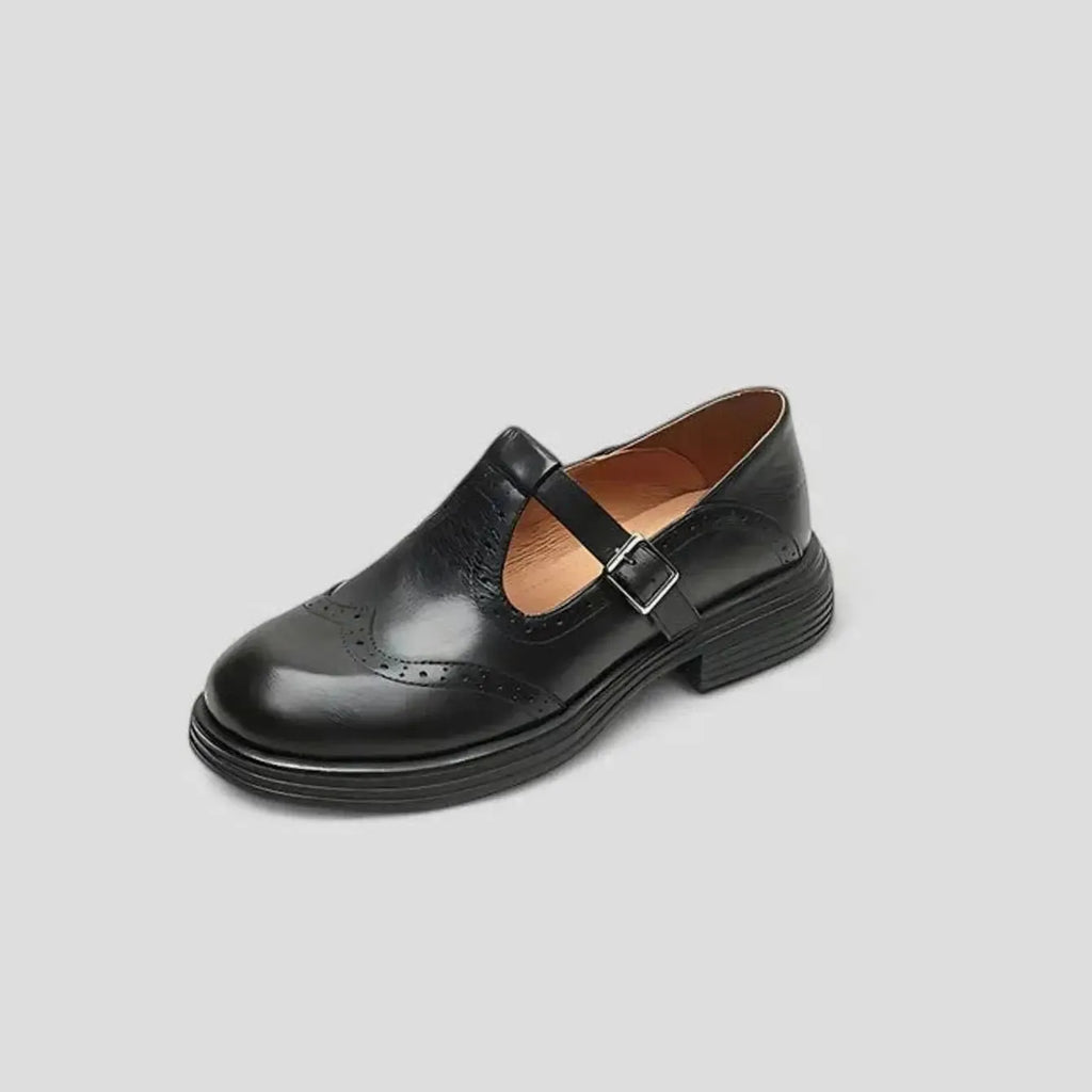 Briar | Women's Leather Brogue T-Bar Buckle Flats