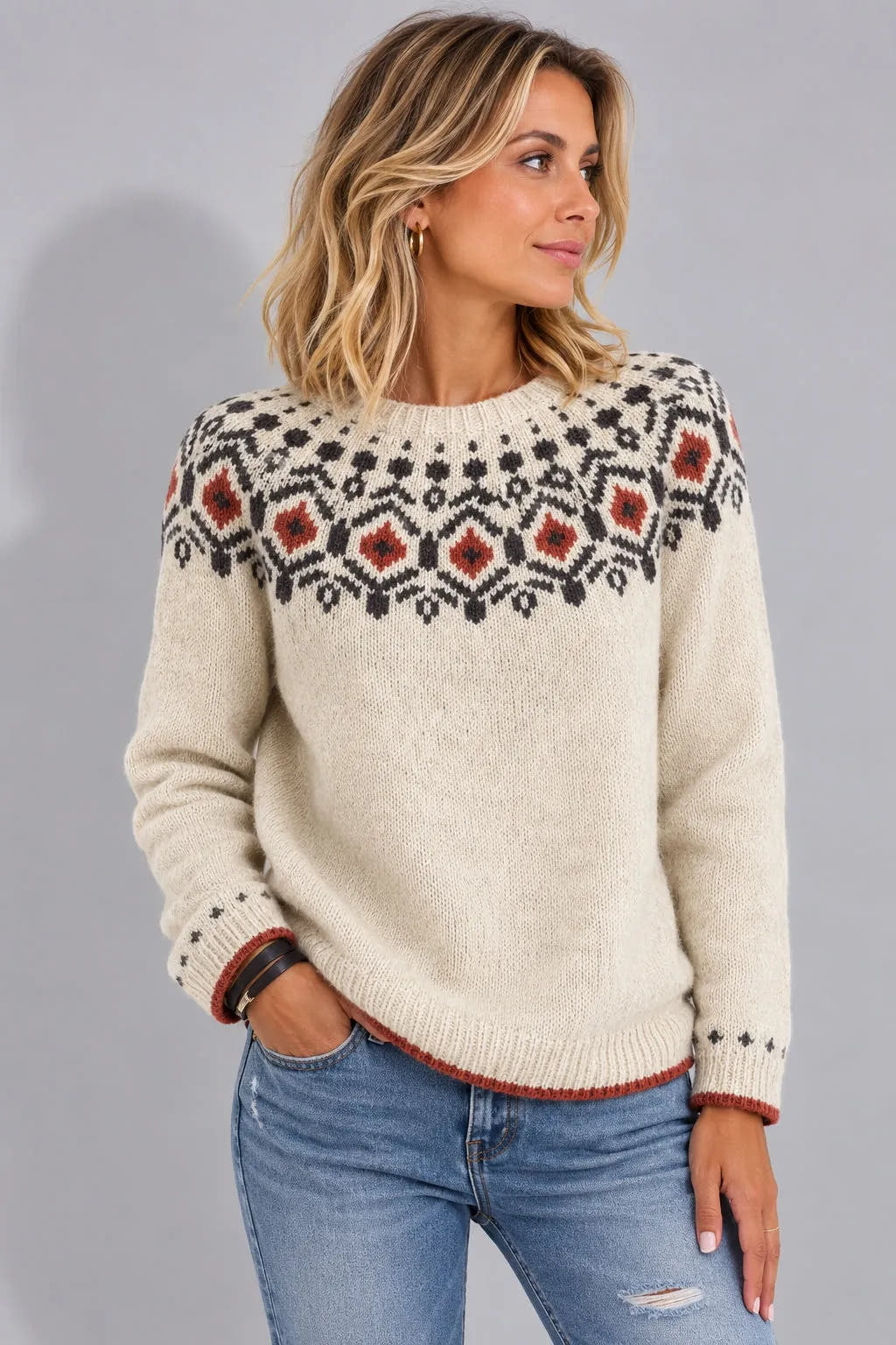 Charlize | Women's Jacquard Yoke Crew Neck Sweater