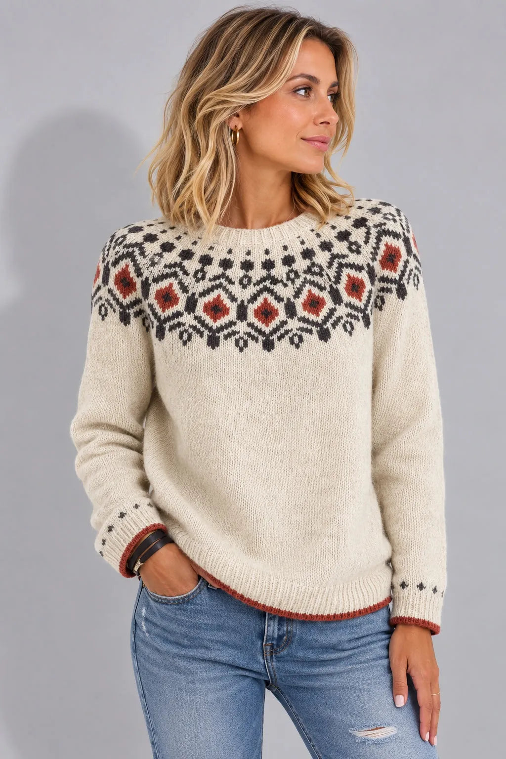 Charlize | Women's Jacquard Yoke Crew Neck Sweater
