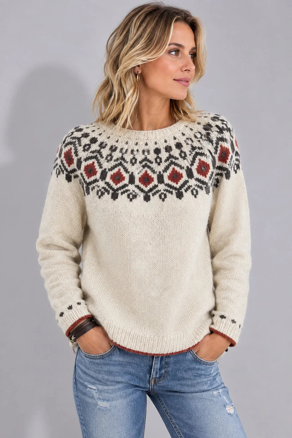Charlize | Women's Jacquard Yoke Crew Neck Sweater