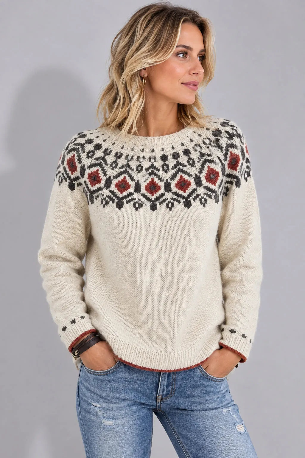 Charlize | Women's Jacquard Yoke Crew Neck Sweater