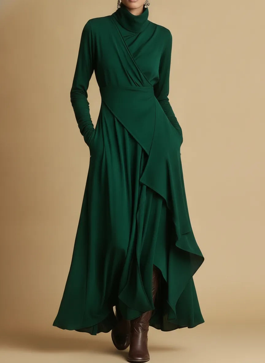 Claire | Women's Turtleneck Asymmetric Drape Maxi Dress