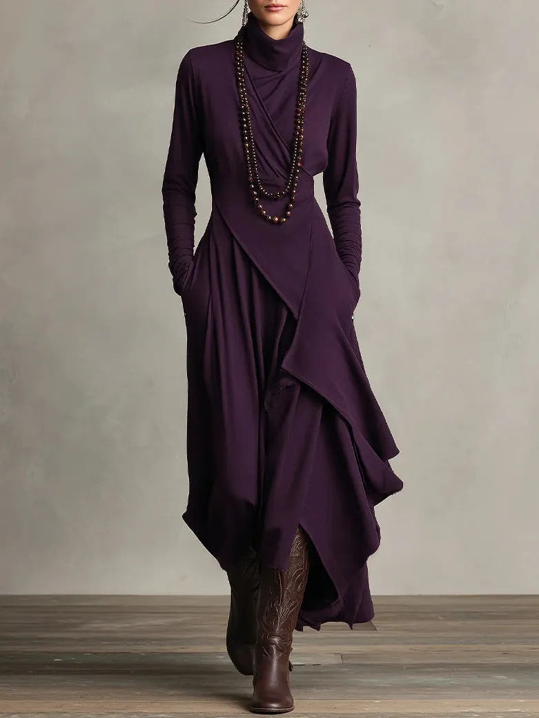 Claire | Women's Turtleneck Asymmetric Drape Maxi Dress