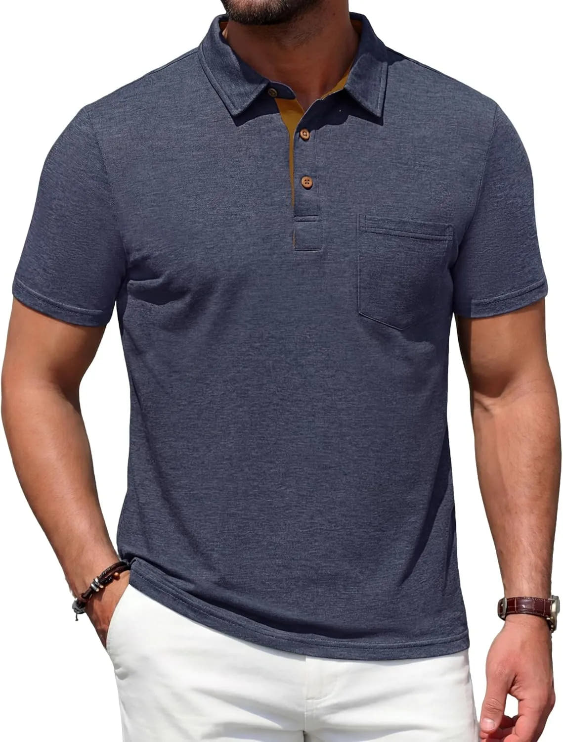 Classic Collar Polo Shirt with Chest Pocket for Men