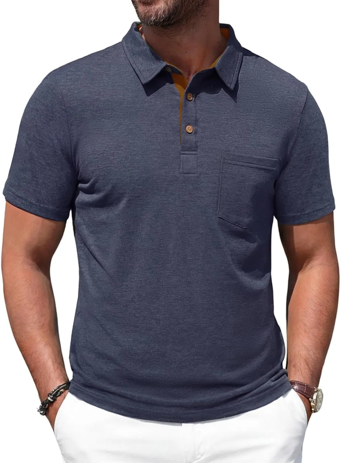 Classic Collar Polo Shirt with Chest Pocket for Men