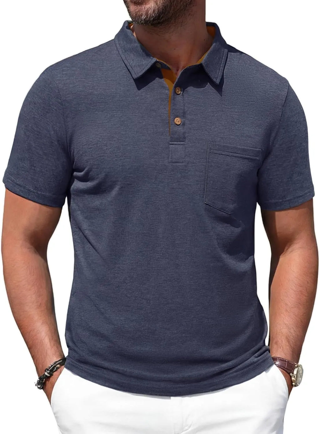 Classic Collar Polo Shirt with Chest Pocket for Men