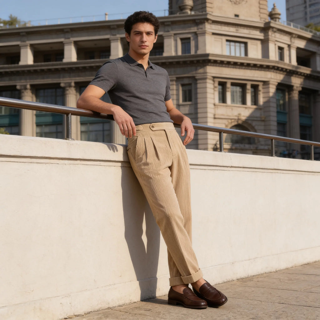 Classic Corduroy Trousers with Double Pleats for Men