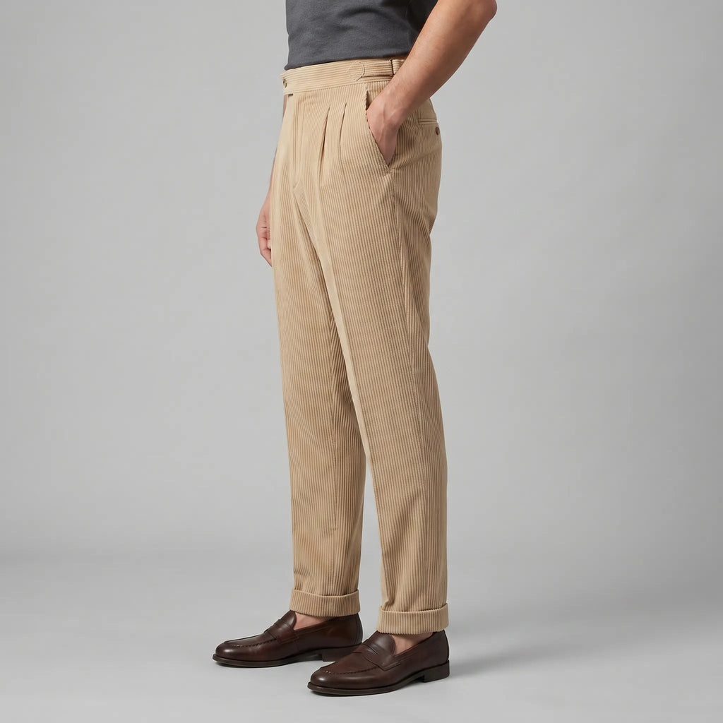 Classic Corduroy Trousers with Double Pleats for Men