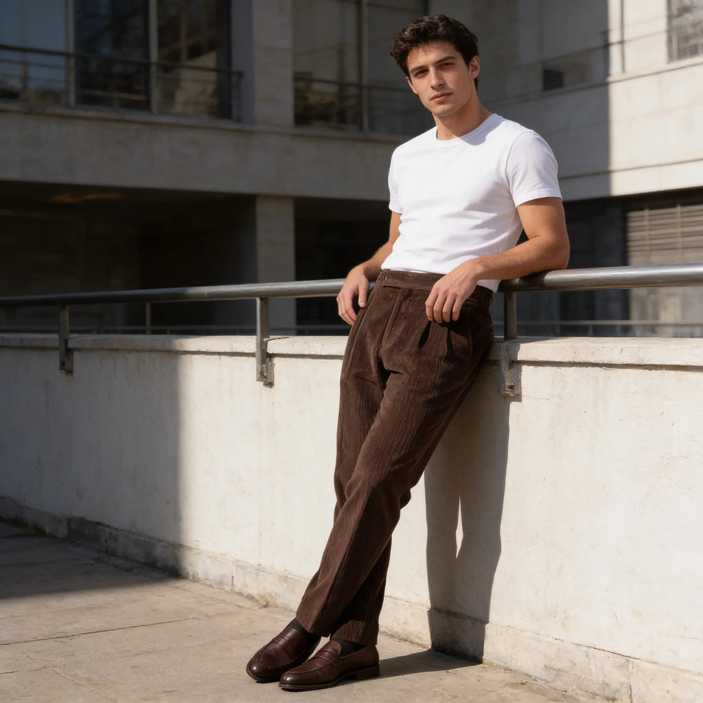 Classic Corduroy Trousers with Double Pleats for Men