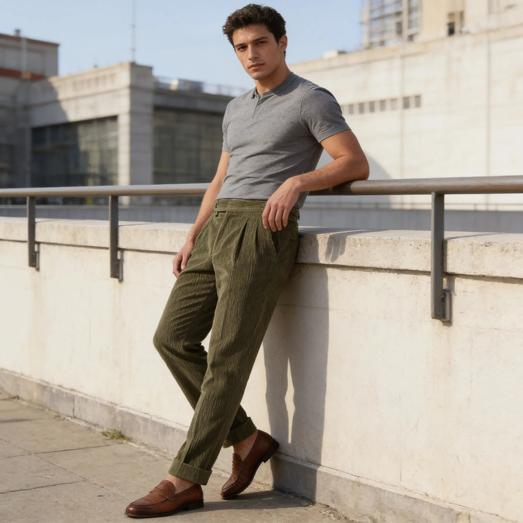 Classic Corduroy Trousers with Double Pleats for Men