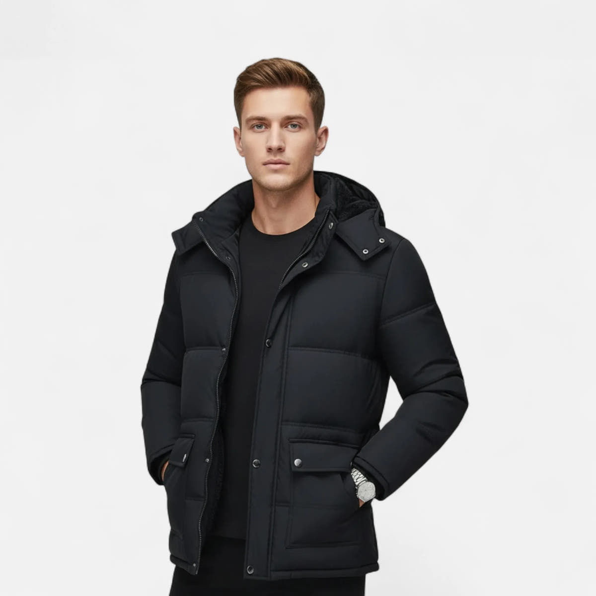 Cotton-Padded Hooded Jacket with Faux Fur Lining for Men