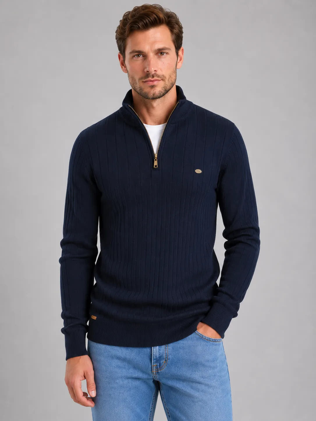 Cotton Quarter-Zip Funnel Neck Sweater for Men