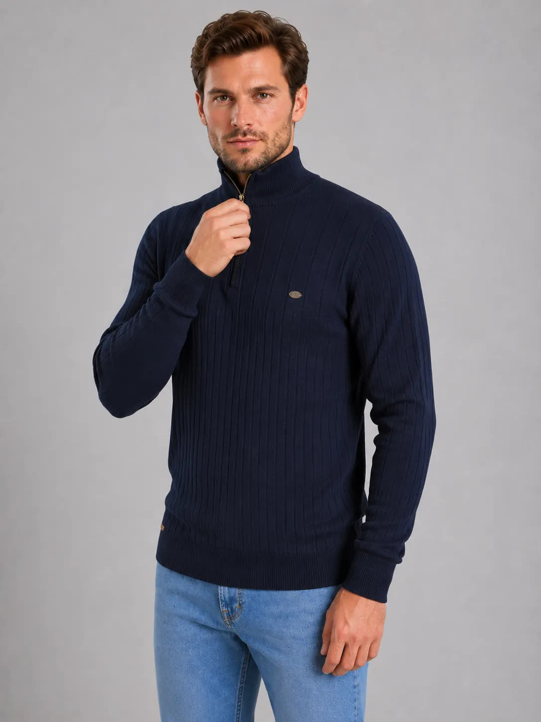 Cotton Quarter-Zip Funnel Neck Sweater for Men
