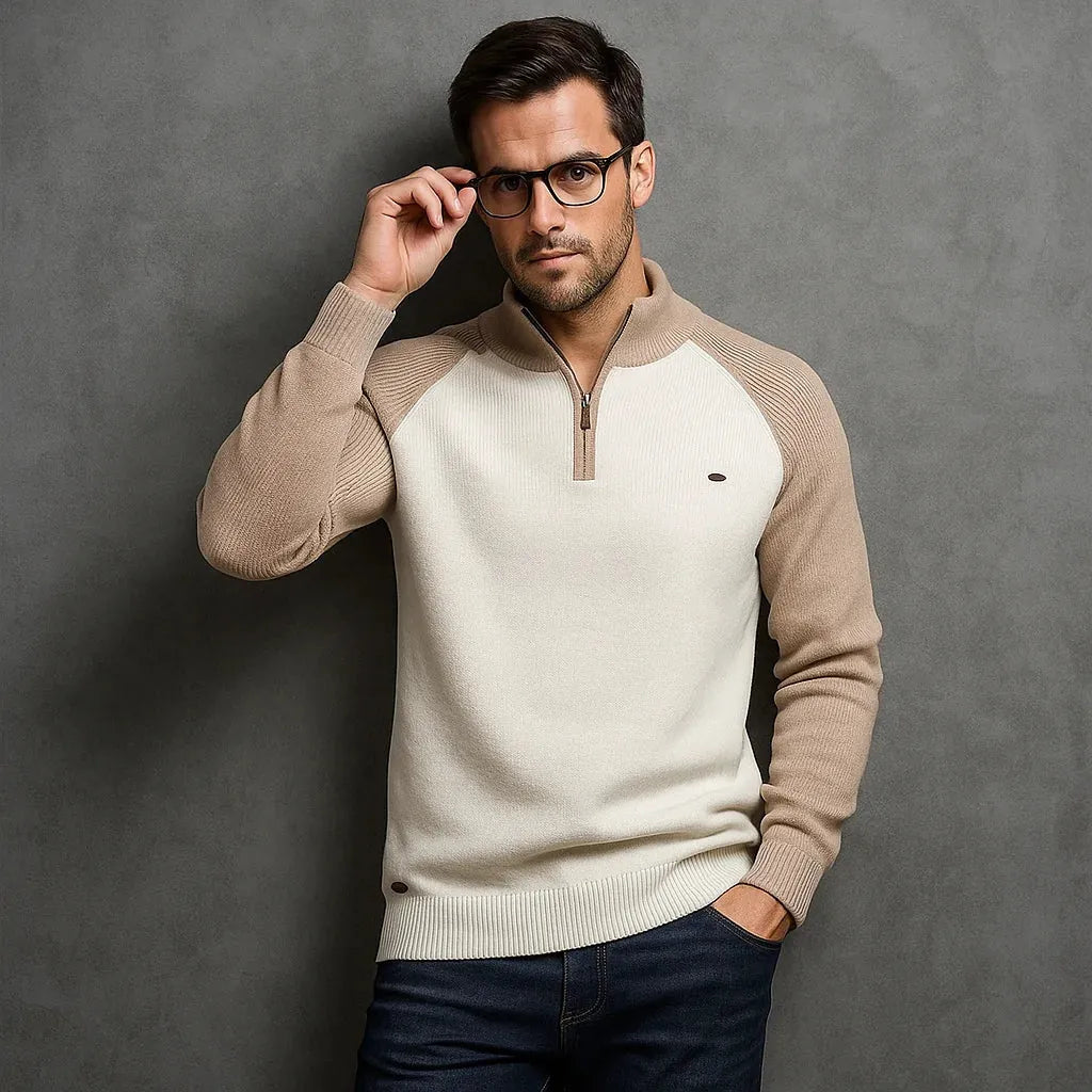 Cotton Quarter-Zip Sweater with Stand Collar for Men