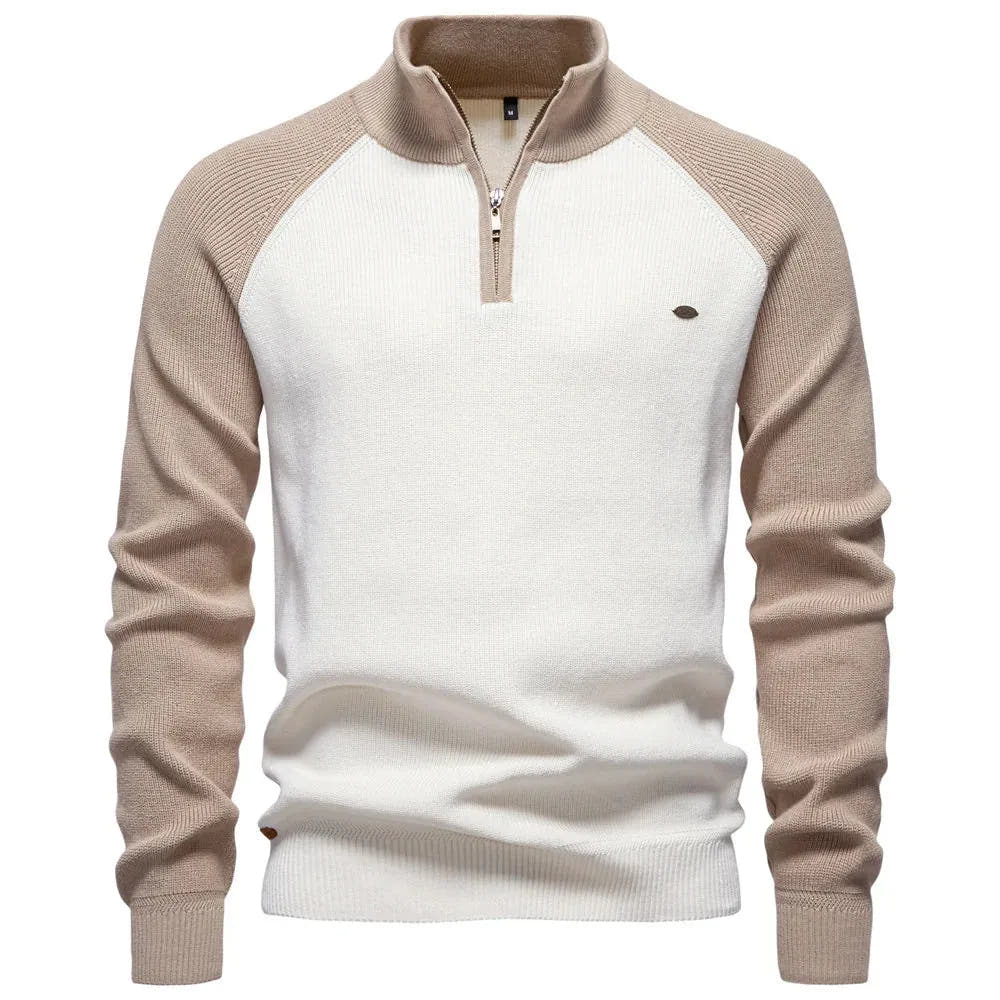 Cotton Quarter-Zip Sweater with Stand Collar for Men