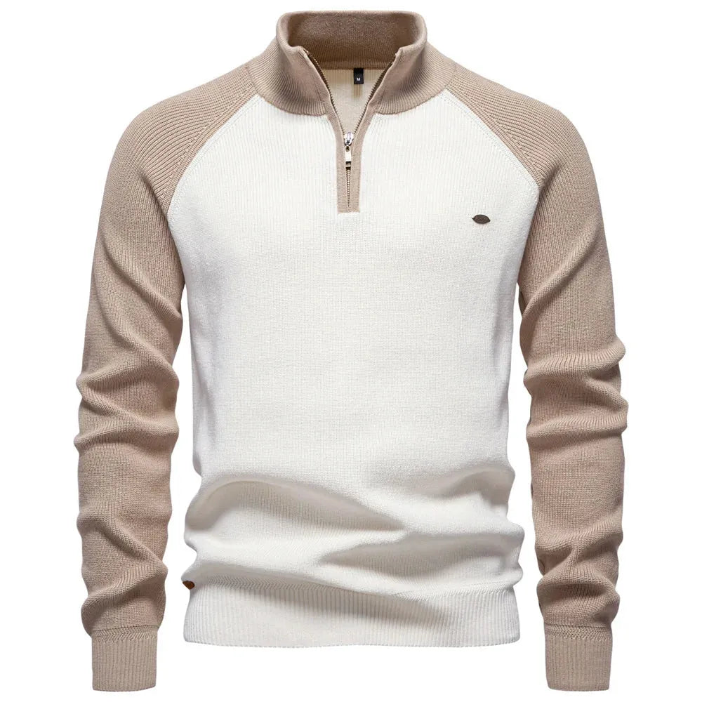Cotton Quarter-Zip Sweater with Stand Collar for Men