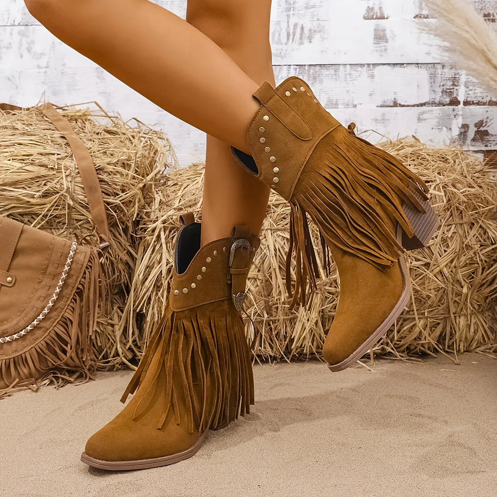 Demelza | Women's Wide Calf Fringe Western Ankle Boots