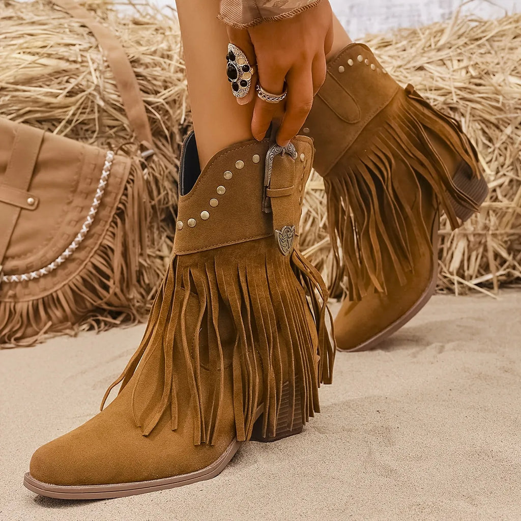 Demelza | Women's Wide Calf Fringe Western Ankle Boots