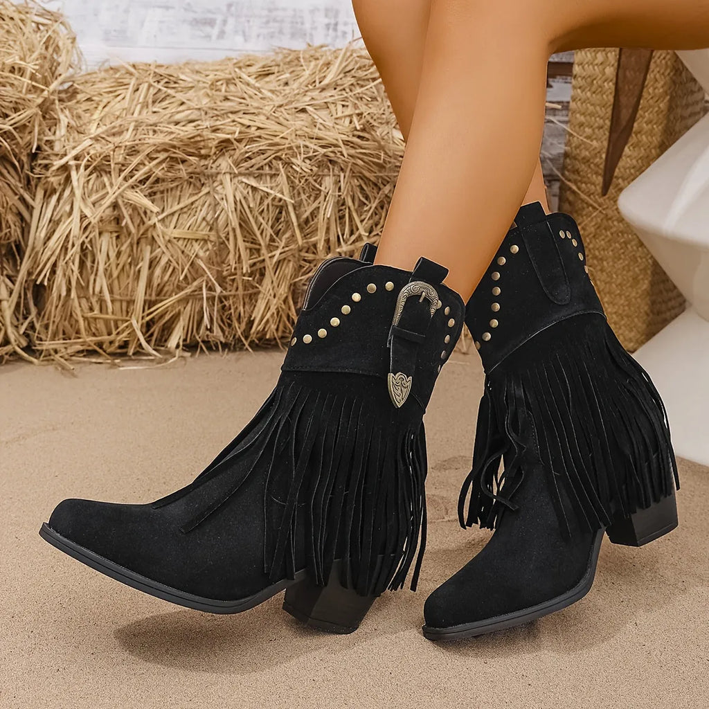 Demelza | Women's Wide Calf Fringe Western Ankle Boots