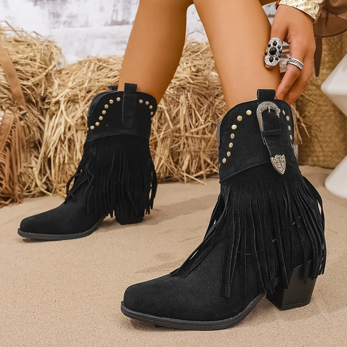 Demelza | Women's Wide Calf Fringe Western Ankle Boots