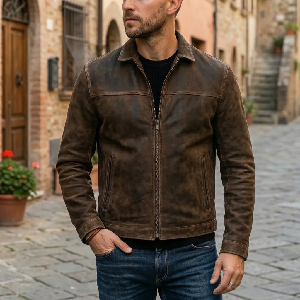 Distressed Faux Leather Full-Zip Bomber Jacket for Men