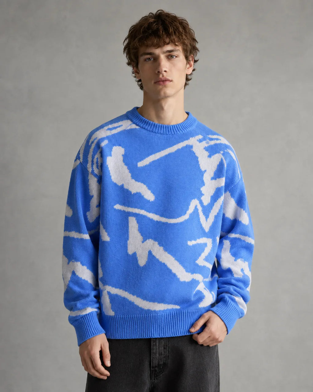 Drop-Shoulder Abstract-Pattern Knit Sweater for Men