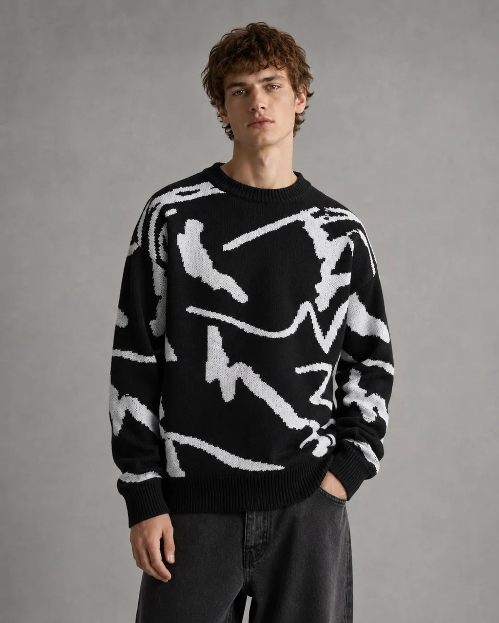 Drop-Shoulder Abstract-Pattern Knit Sweater for Men