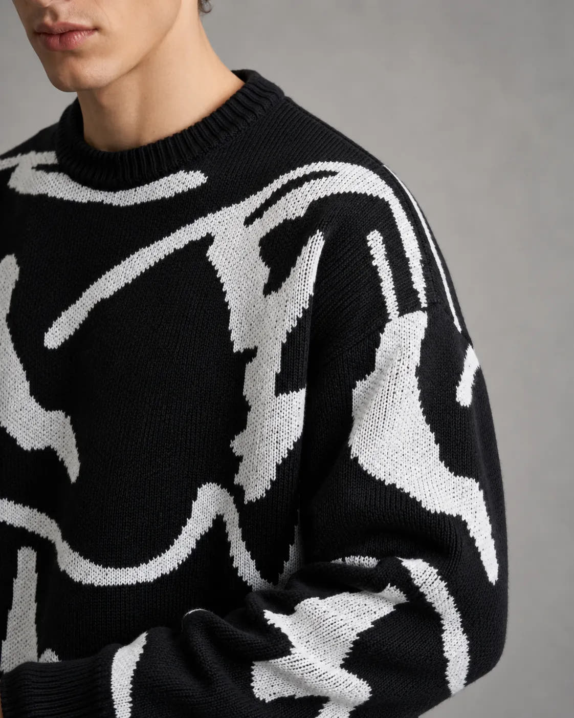 Drop-Shoulder Abstract-Pattern Knit Sweater for Men