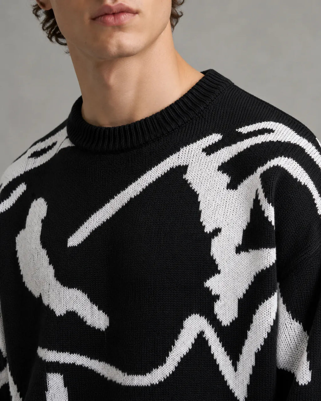 Drop-Shoulder Abstract-Pattern Knit Sweater for Men