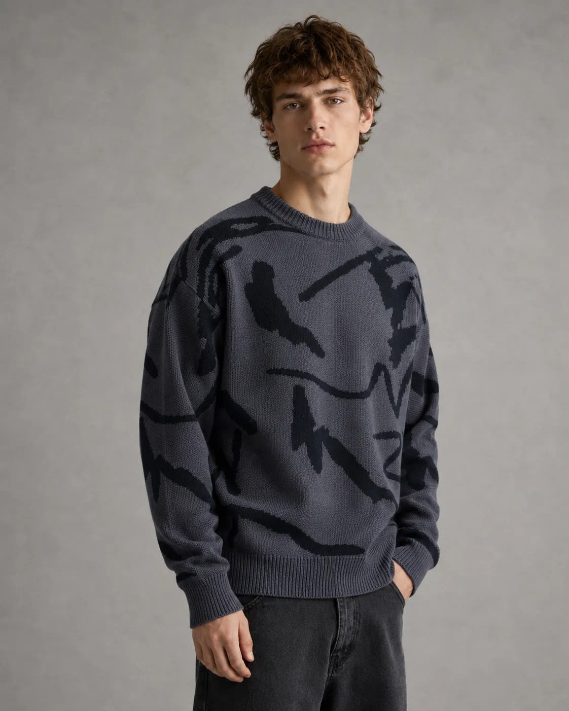 Drop-Shoulder Abstract-Pattern Knit Sweater for Men