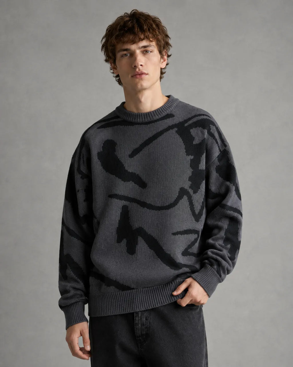 Drop-Shoulder Abstract-Pattern Knit Sweater for Men