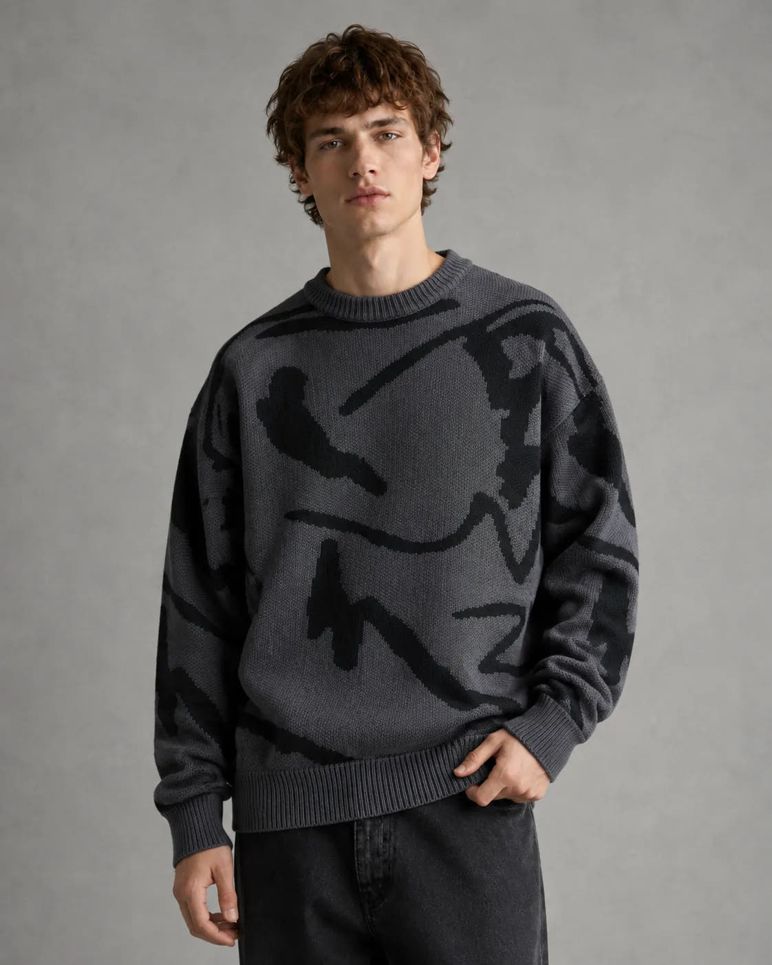 Drop-Shoulder Abstract-Pattern Knit Sweater for Men