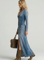 Eliza | Women's Denim V-Neck Button-Front Maxi Dress