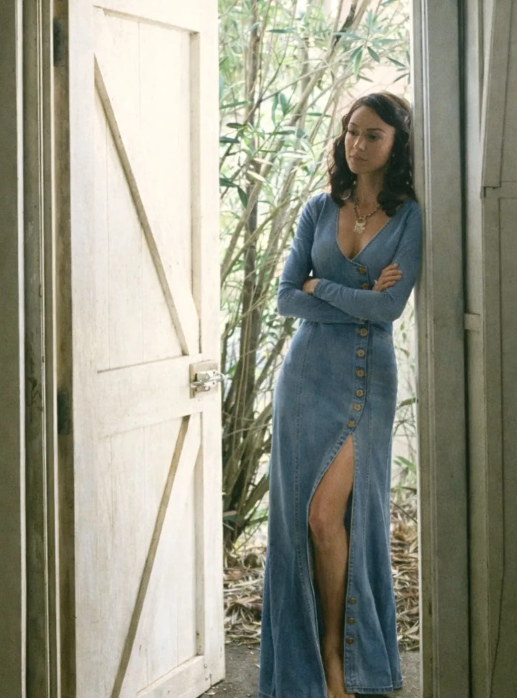 Eliza | Women's Denim V-Neck Button-Front Maxi Dress