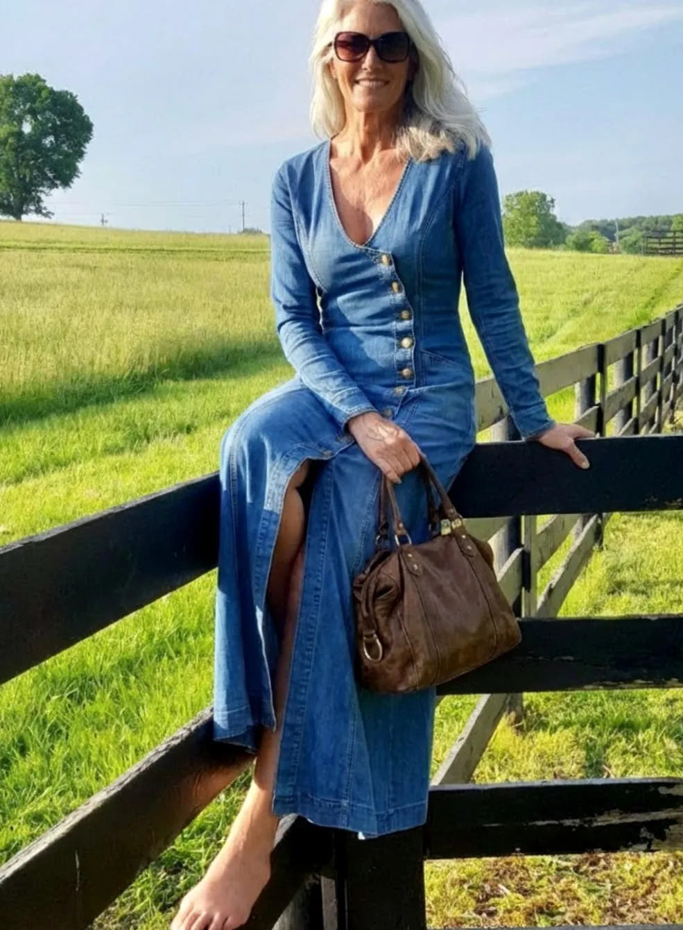Eliza | Women's Denim V-Neck Button-Front Maxi Dress